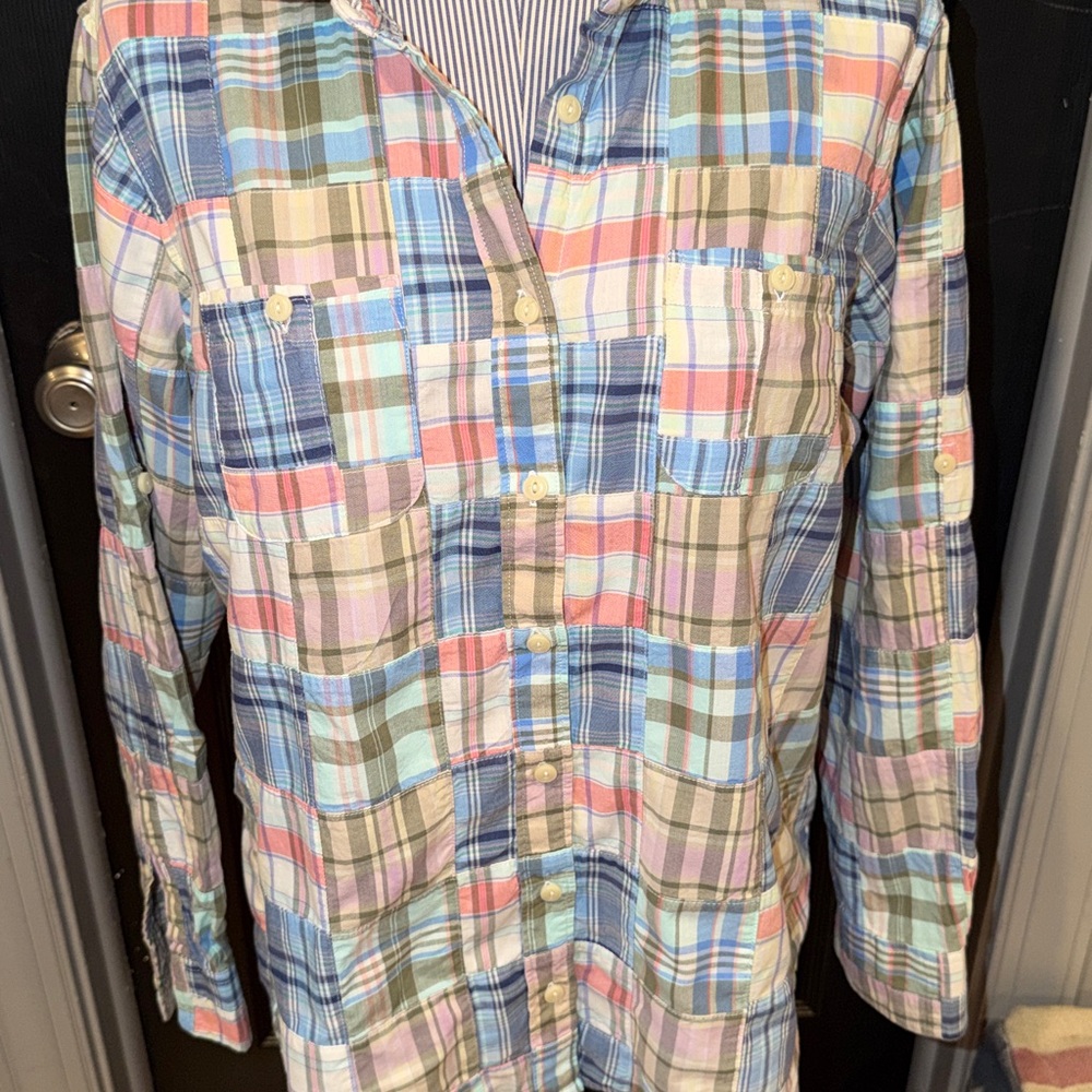 LL Bean Madras Plaid Patchwork Button Down Sz. La… - image 2